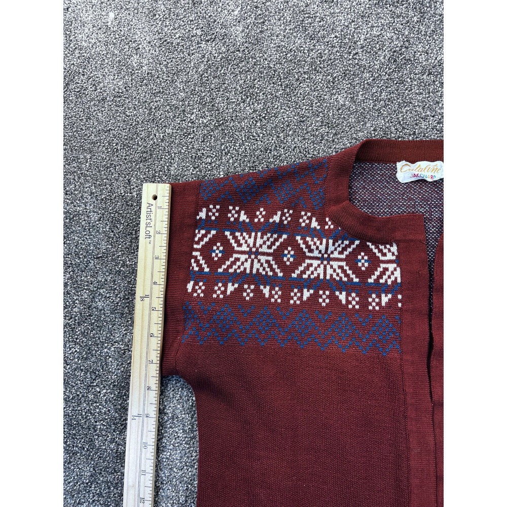 Catalina Jacquard Cardigan Womens M Acrylic Short Sleeve Nordic Vintage Brown - Picture 8 of 8